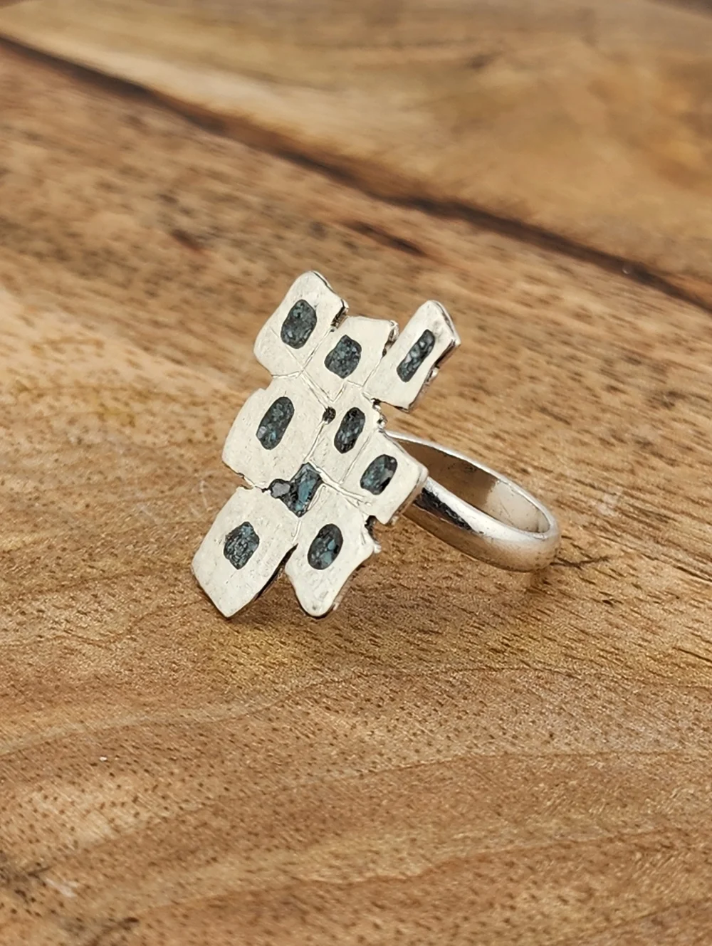 INLAY TURQUOISE ADJUSTABLE RING HANDMADE STERLING
